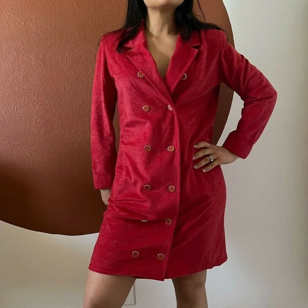 vtg 60s red coat dress long sleeve‎ double breasted pockets mini wedding guest 8